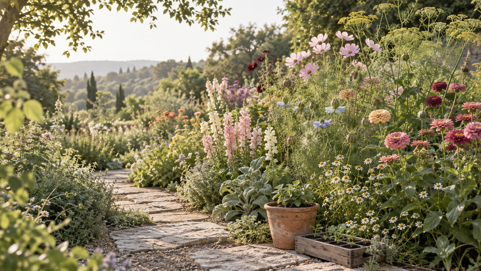 A layered cutting garden filled with coordinated flowers and a stone path