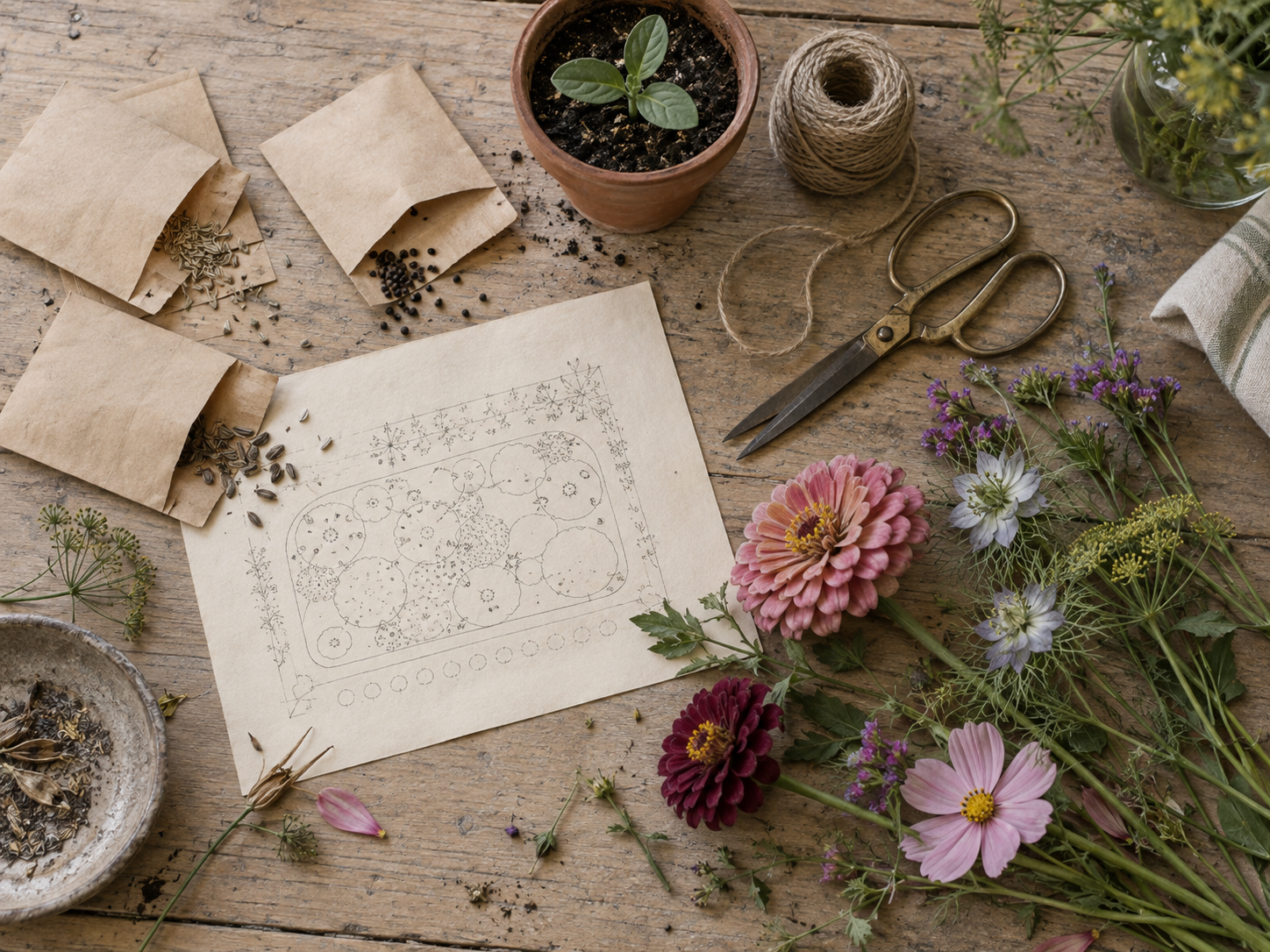 Seed envelopes, a garden plan, young plant, and coordinated cut flowers on a potting table
